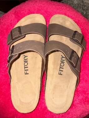 Fitory Men's Brown Double-Buckle Slide Sandals